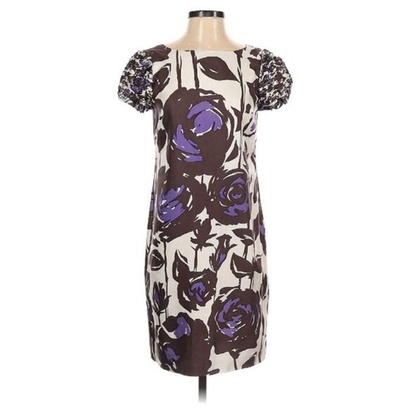 Taylor Purple white puff sleeve Silk floral printed sheath dress size 4 - Picture 1 of 10